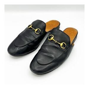 Gucci Princetown Horsebit Mule Leather Flat Loafer Slipper Black Size 37.5/ 7.5